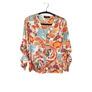 Anthropologie RD + Koko Satin Floral Blouse Size S V-Neck Long Sleeve Boho
